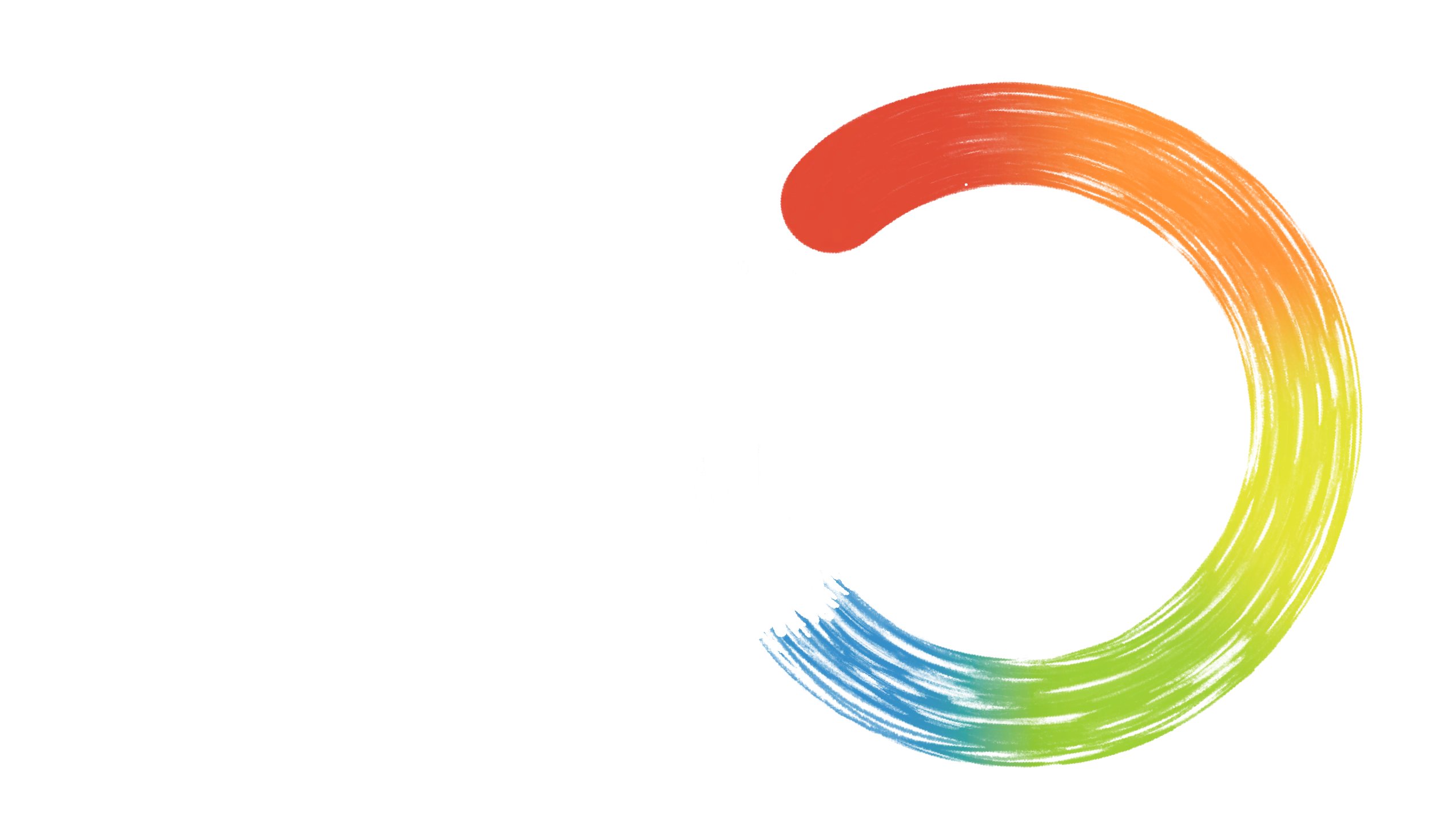 Schauplatz Logo mit weißer Schrift und Pinselstrich-Kringel in den Farben rot, orange, gelb, grün und blau.