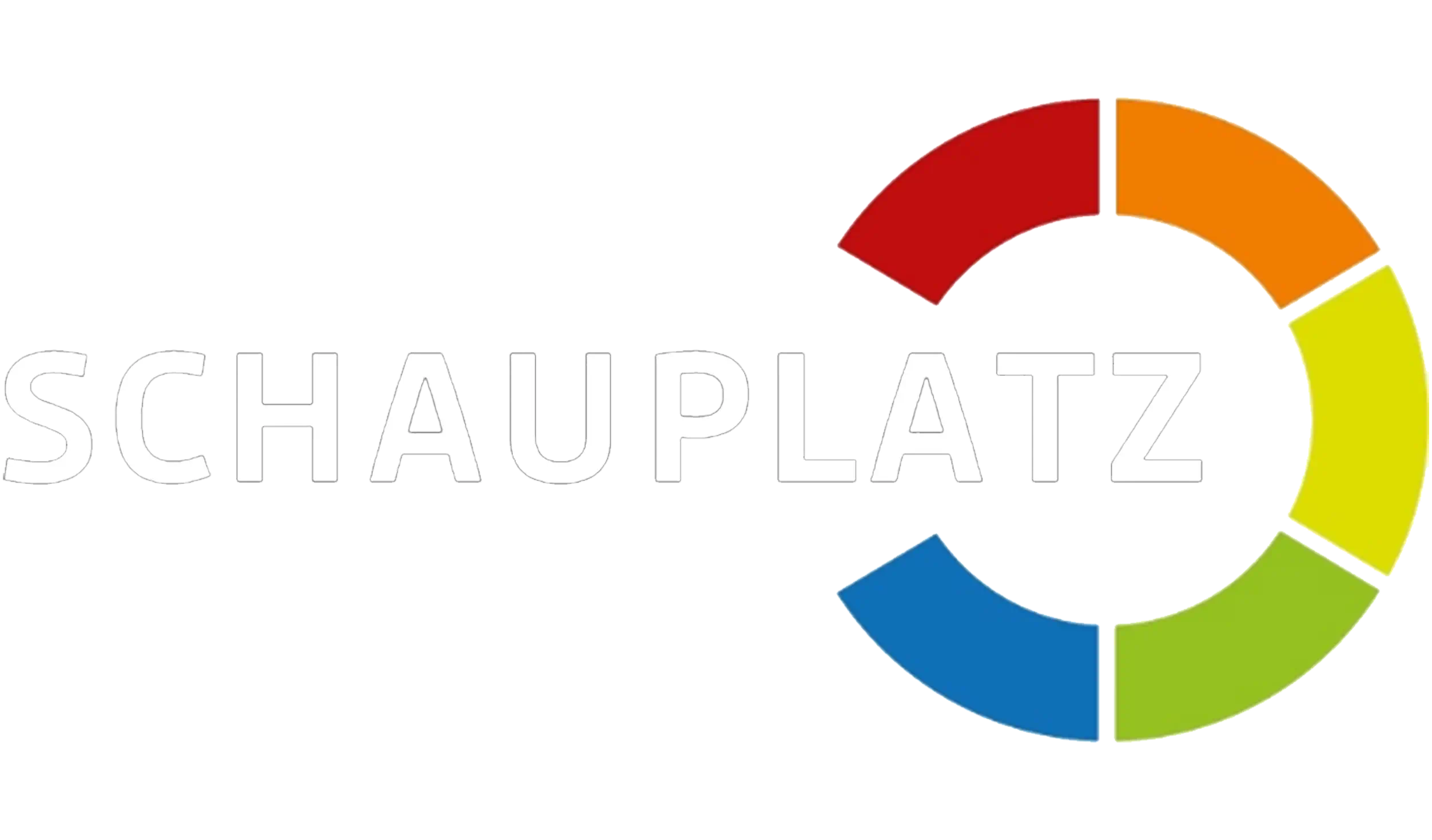 Altes Logo von Schauplatz mit Schriftzug Produktionsschule und einem farbigen Kringel, der aus fünf Abteilungen in rot, orange, gelb, grün und blau besteht.