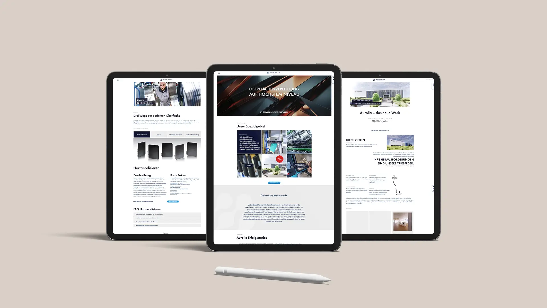 Website von Aurolia Technologies mit Informationen zu mechanischer Oberflächenveredelung, Hartanodisieren und Eloxal