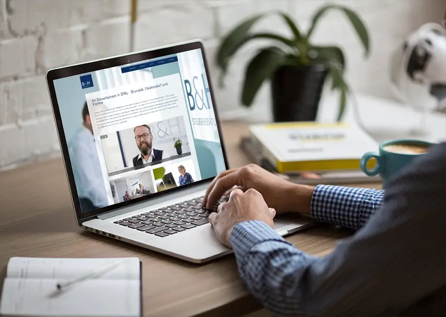 Die Website von B&H Steuerberatung zeigt ein professionelles Design mit klar strukturierten Informationen zu Dienstleistungen und aktuellen Steuernews.