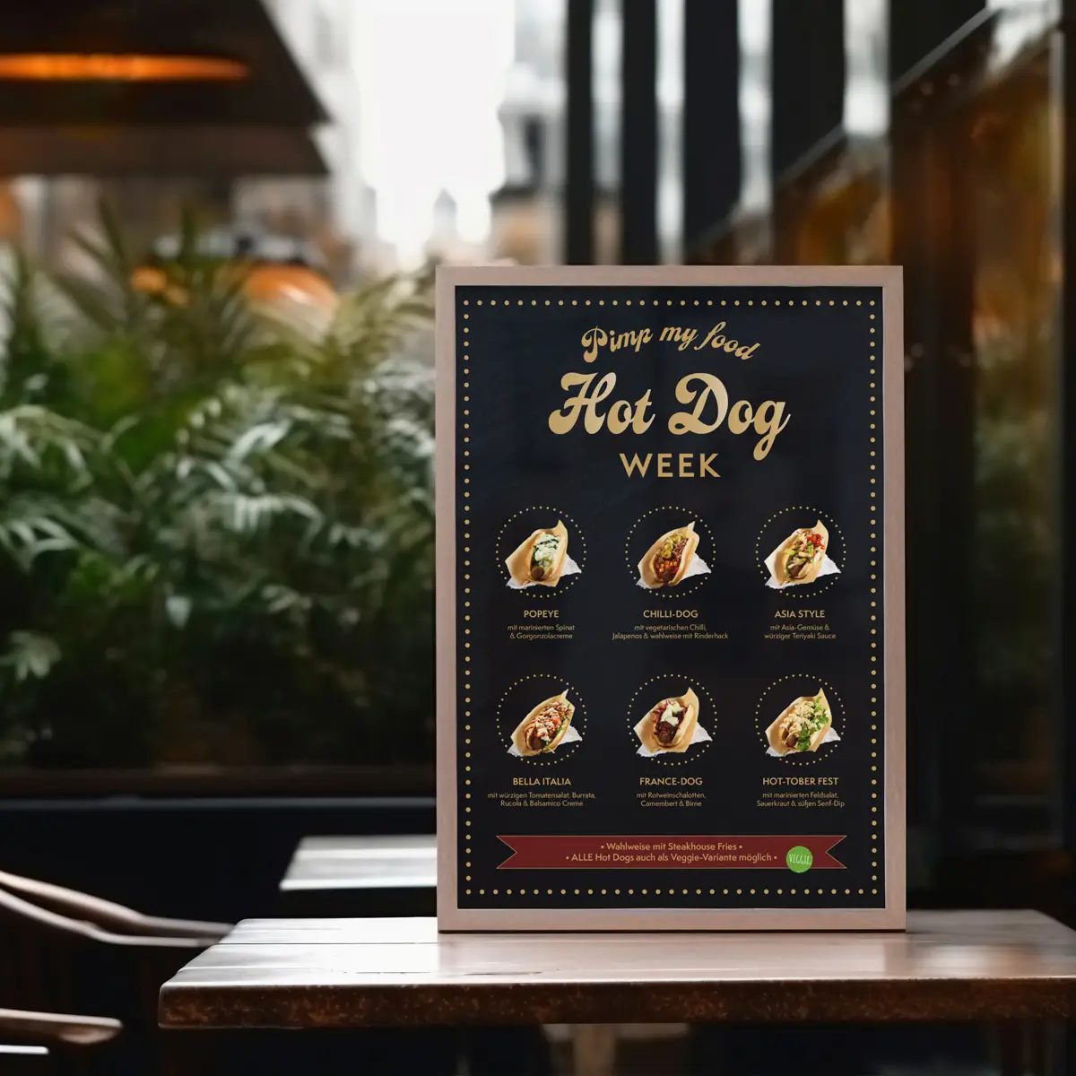 Plakat für die 'Hot Dog Week' in einem Restaurant, das verschiedene Hot-Dog-Varianten mit kreativen Namen und Zutaten präsentiert, wie 'Popeye' mit Spinat und Gorgonzola-Sauce, 'Chilli-Dog' mit Cheddar und Jalapeños und 'Asia Style' mit Teriyaki-Sauce. Aufgestellt auf einem Tisch mit grünem Pflanzenhintergrund.