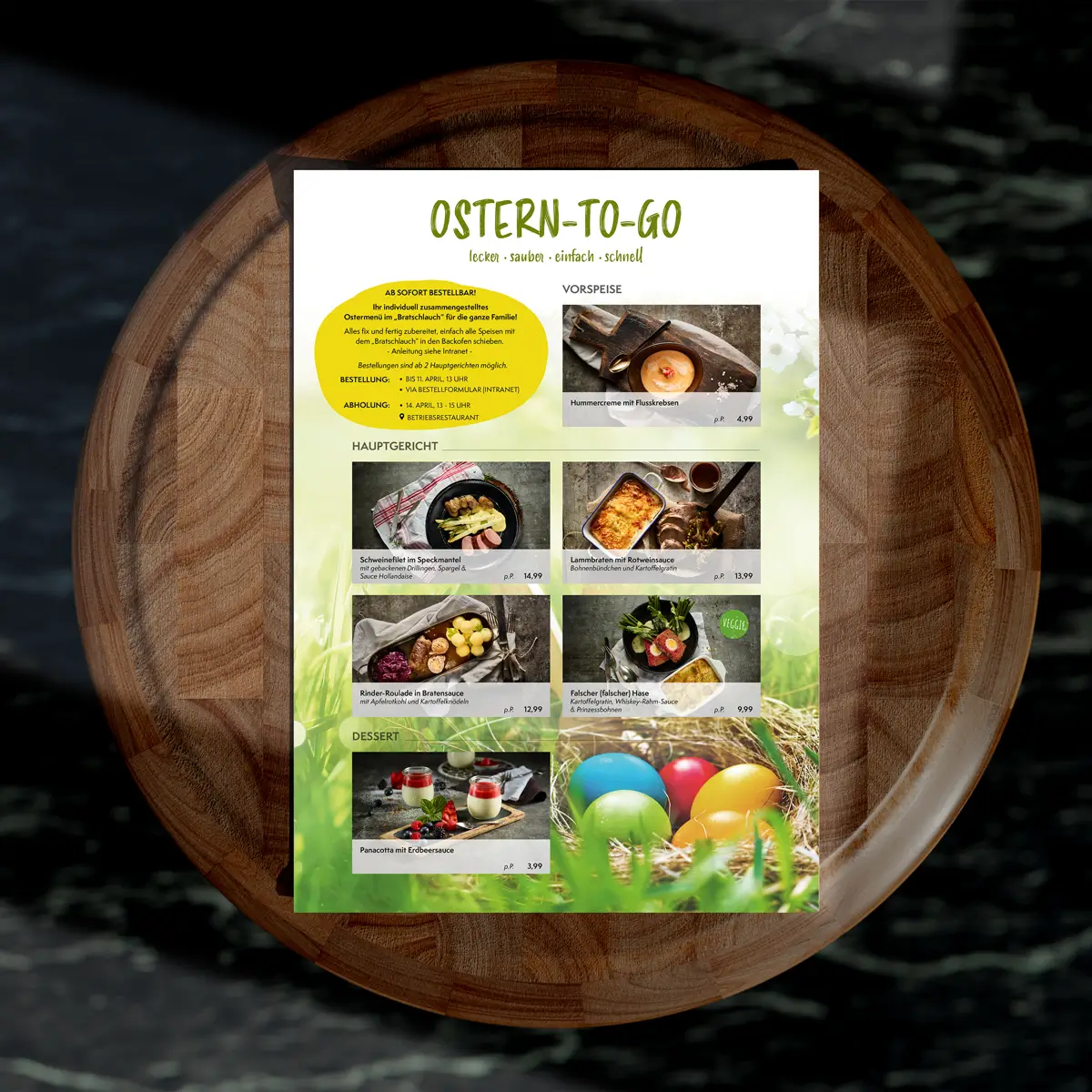Edeka Catering Flyer für Ostern-to-go, Menü mit Vorspeisen, Hauptgerichten und Desserts zur Osterzeit.
