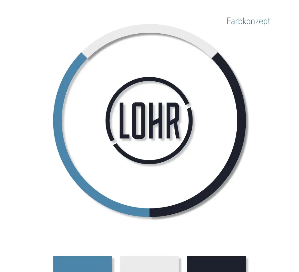 Ein minimalistisches Logo mit dem Schriftzug "LOHR" in einem Kreis. Ein äußerer Ring, der in den Farben Blau, Hellgrau und Dunkelgrau segmentiert ist, umgibt den Schriftzug und symbolisiert das Farbkonzept des Unternehmens.