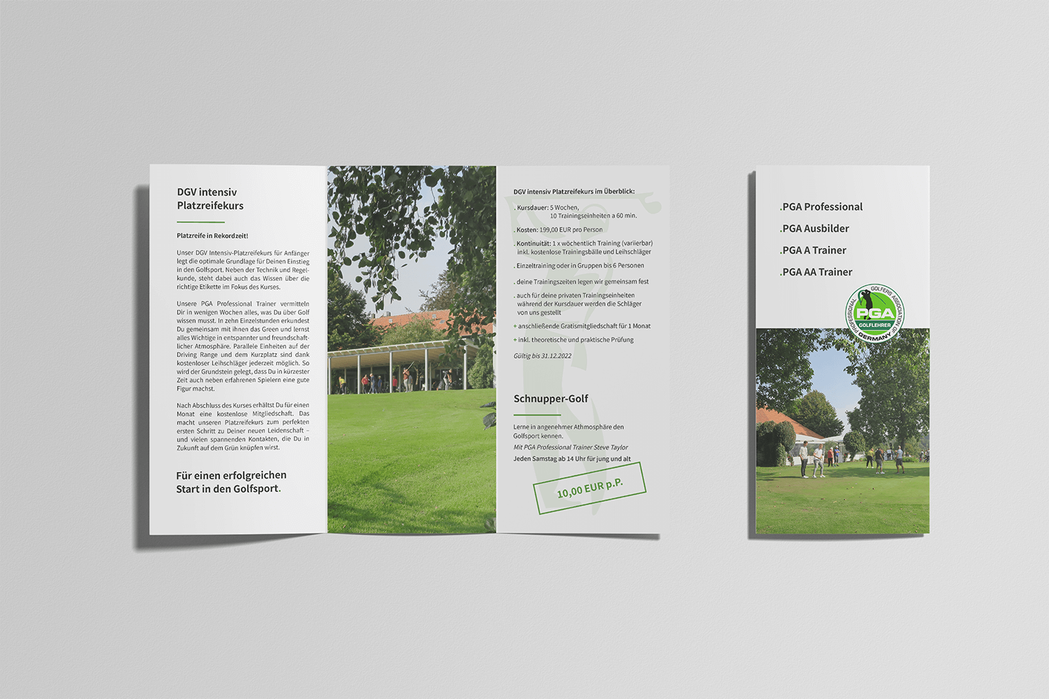 Ein dreifach gefalteter Flyer des Golfclubs Heerhof e.V., der Informationen zu Golfkursen enthält, darunter ein DGV Intensiv-Platzreifekurs und Schnupper-Golf. Der Flyer zeigt auch das PGA-Logo und Bilder von Golfplätzen.