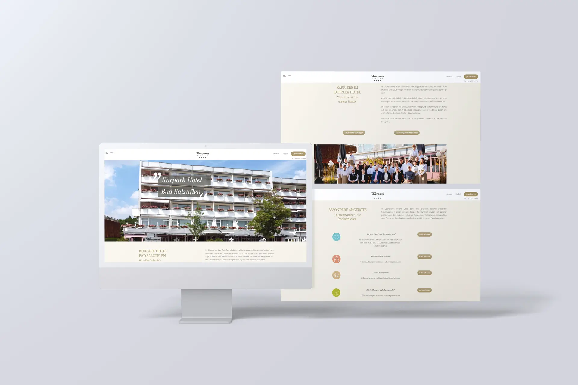 Die Website des Kurpark Hotels in Bad Salzuflen mit einem modernen Design, das Bilder des Hotels und der Umgebung zeigt, sowie einer benutzerfreundlichen Navigation.