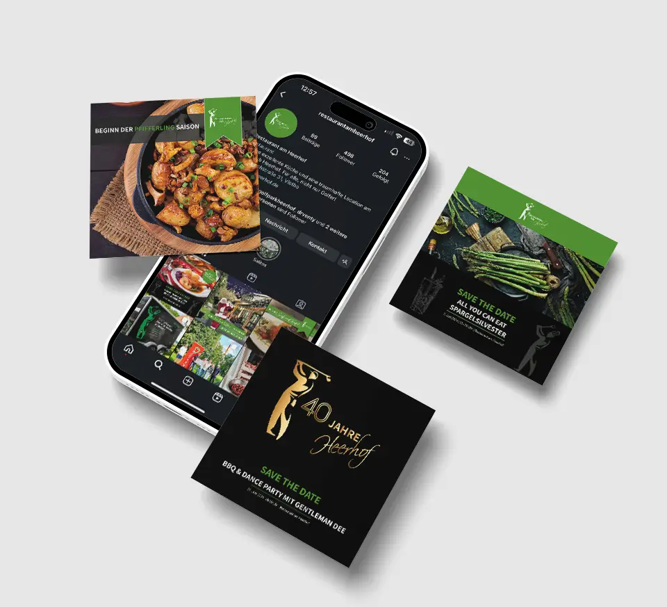 Instagram-Profil des Golfrestaurants Heerhof mit Bildern von Speisen und Golfplatz.