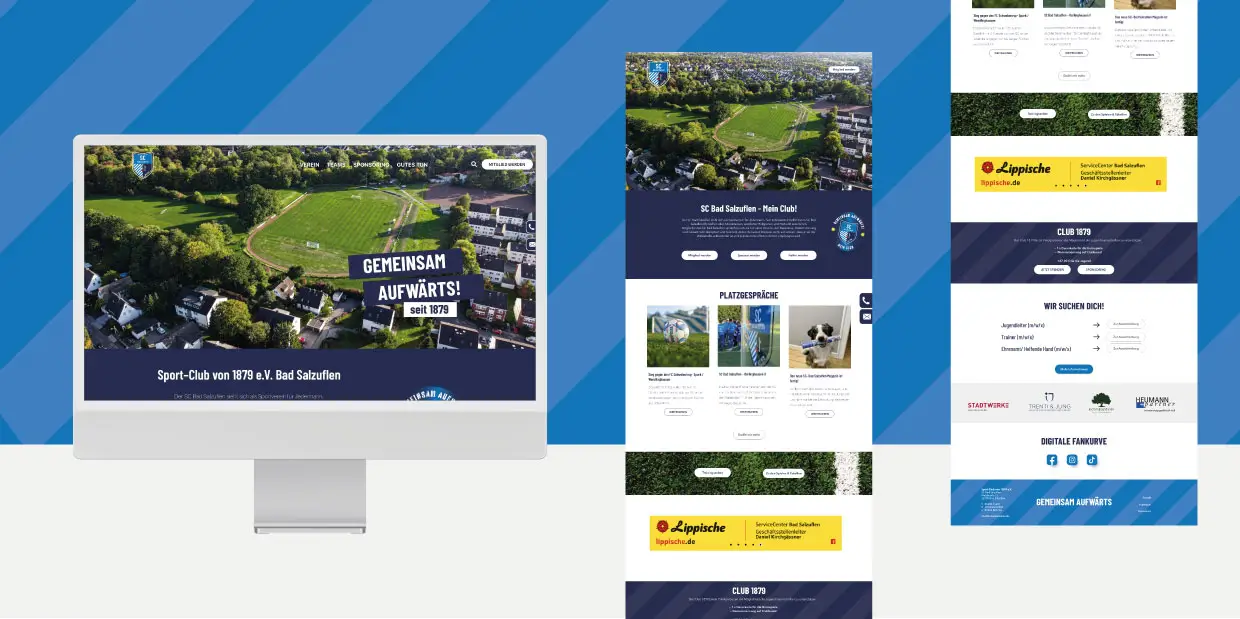 Mockup der Webseite des Sport-Clubs von 1879 e.V. Bad Salzuflen auf einem Monitor, mit einer Übersicht der Startseite, die ein grünes Spielfeld und den Slogan ‚Gemeinsam aufwärts! Seit 1879‘ zeigt. Weitere Abschnitte zeigen Vereinsnachrichten, Partnerlogos und Social-Media-Links.