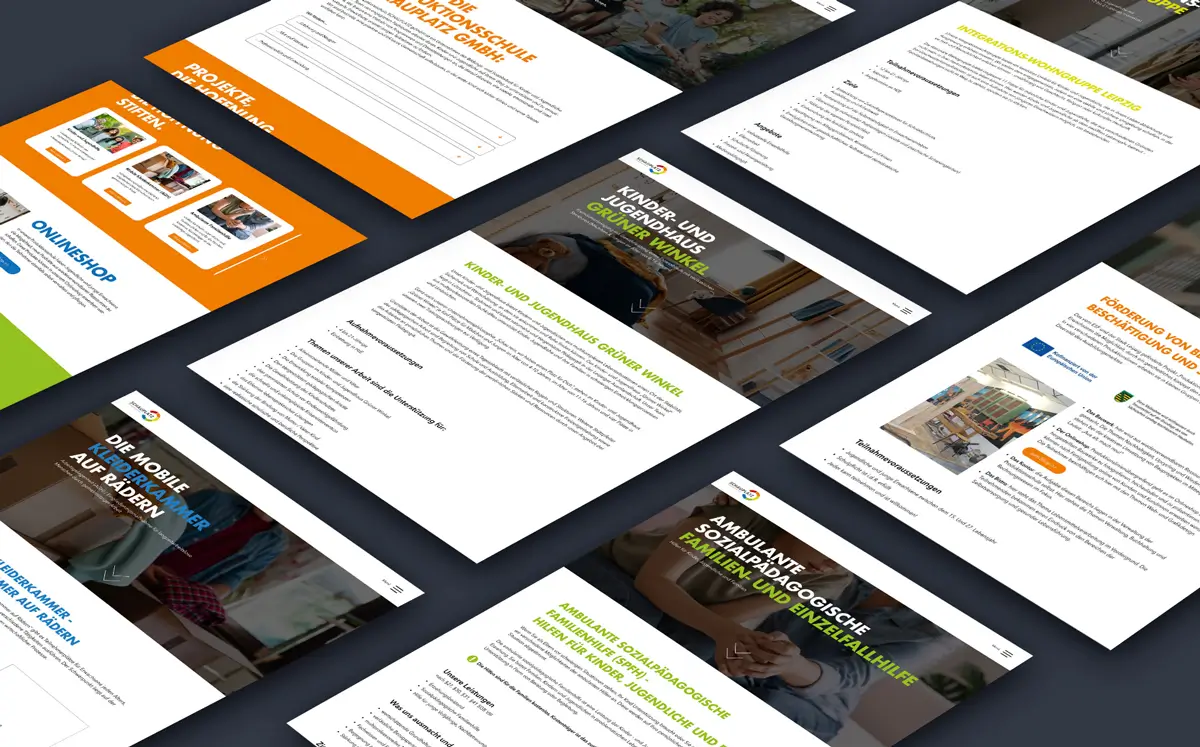 Screendesigns der Schauplatz-Website mit Startseite und Seiten für Kinder- und Jugendhaus Grüner Winkel, mobile Kleiderkammer, Integrationswohngruppe Leipzig und ambulante sozialpädagogische Hilfe.