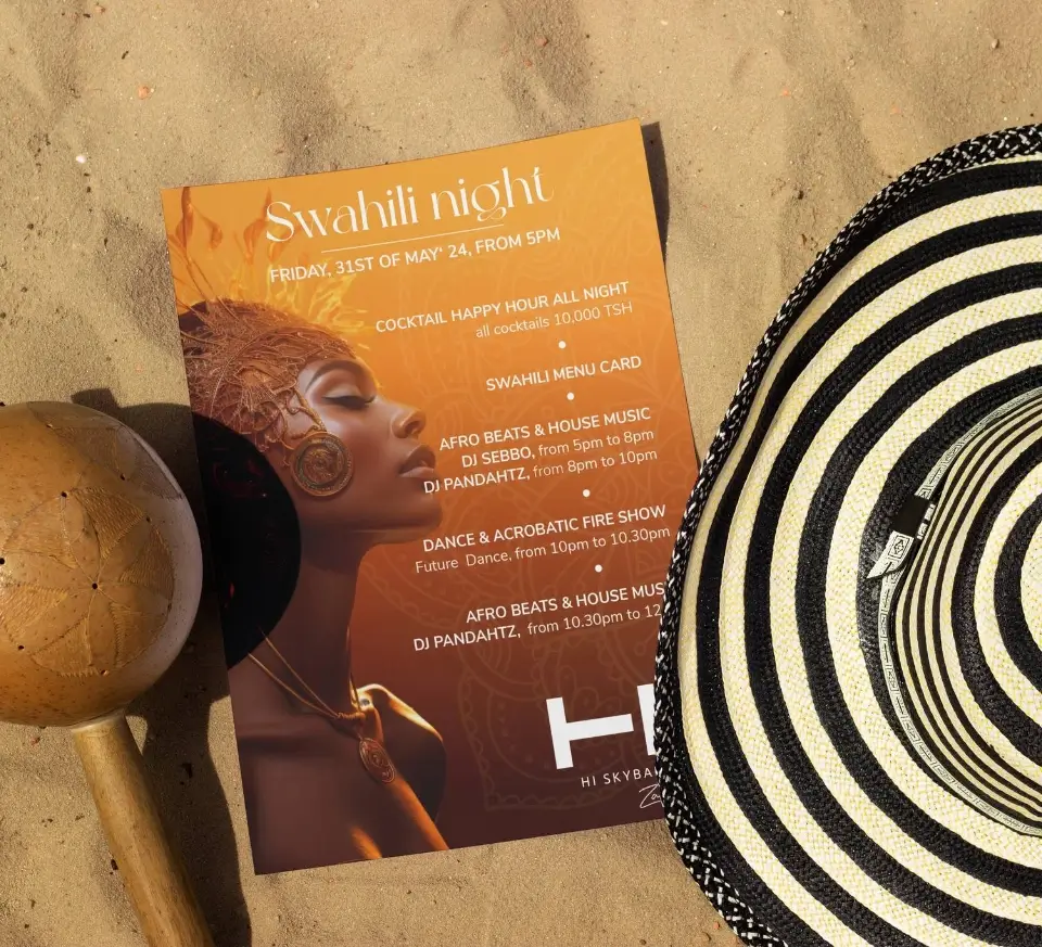 Ein lebendiges und ansprechendes Plakat des "Zanzibar" Hotels, Restaurants und Skybars, das kommende Events bewirbt. Das Design kombiniert auffällige Farben, moderne Schriftarten und das "Zanzibar"-Logo, um Aufmerksamkeit zu erregen und Interesse zu wecken.