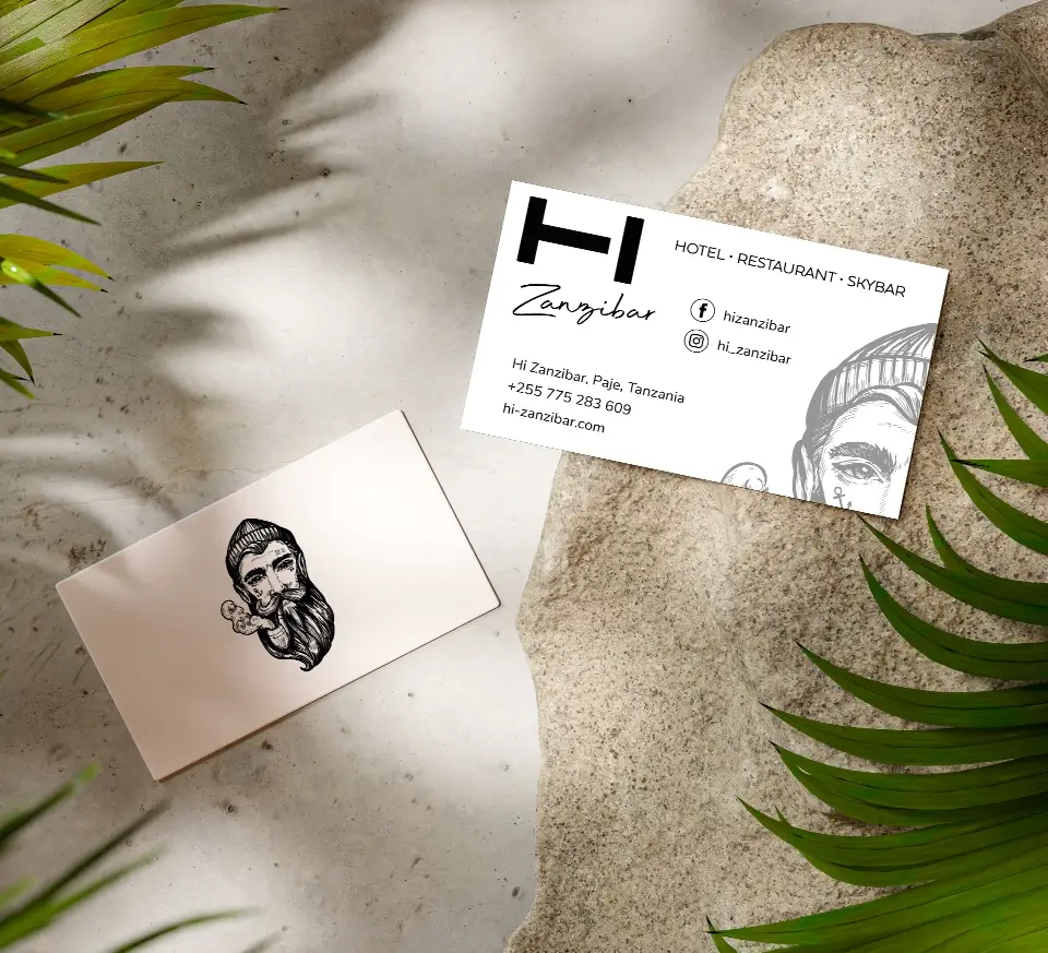 Eine stilvolle Visitenkarte des "Zanzibar" Hotels, Restaurants und Skybars. Die Karte ist modern gestaltet, mit elegantem Design und klaren, minimalistischen Elementen. Sie enthält das Logo und die Kontaktinformationen des Unternehmens.
