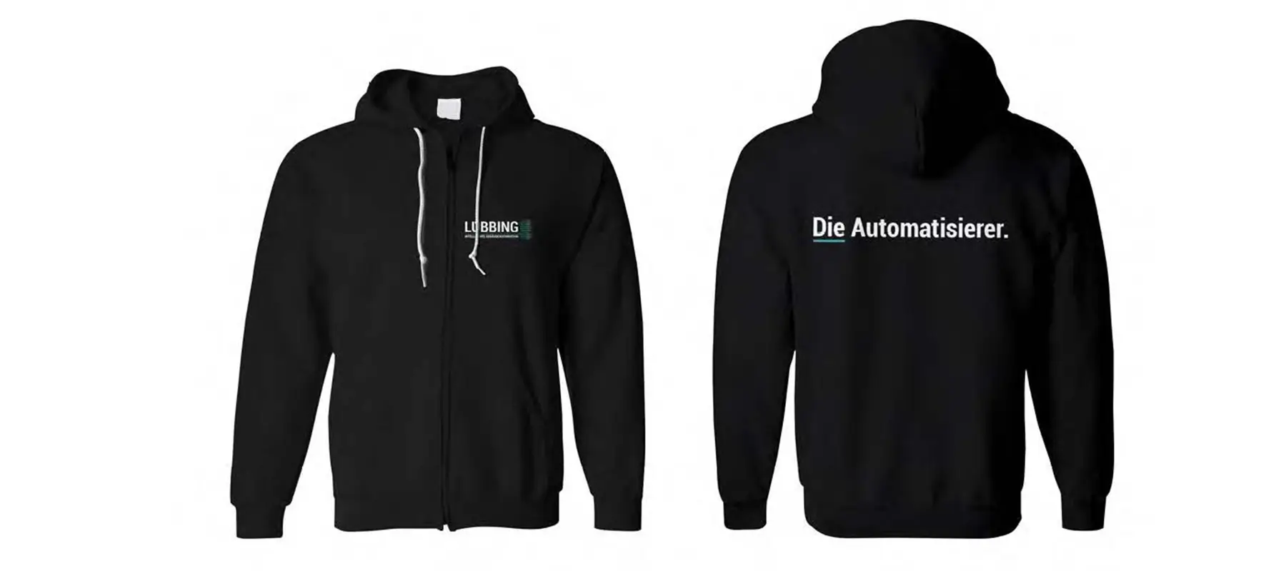 Zwei schwarze Hoodies der Firma LÜBBING – Intelligente Gebäudeautomation, einer zeigt das Logo auf der Vorderseite, der andere den Schriftzug „Die Automatisierer“ auf der Rückseite.