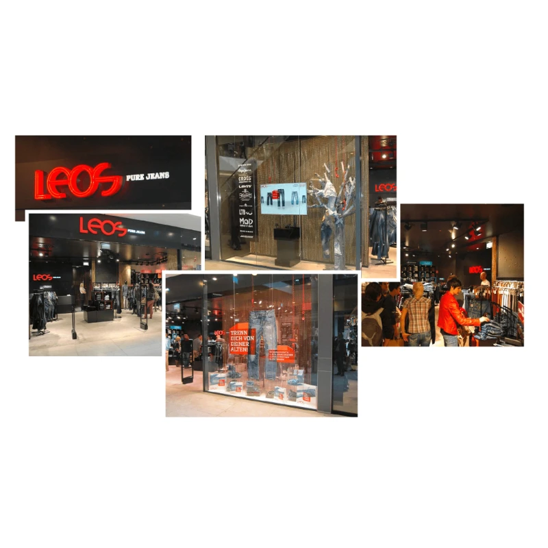 Das Schaufenster von Leos zeigt eine stilvolle Präsentation aktueller Modekollektionen, einschließlich Jeans und Accessoires.