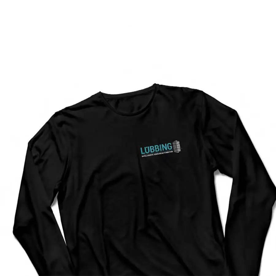 Schwarzer Langarm-Pullover mit dem Logo der Firma LÜBBING – Intelligente Gebäudeautomation, dezent auf der linken Brustseite platziert.