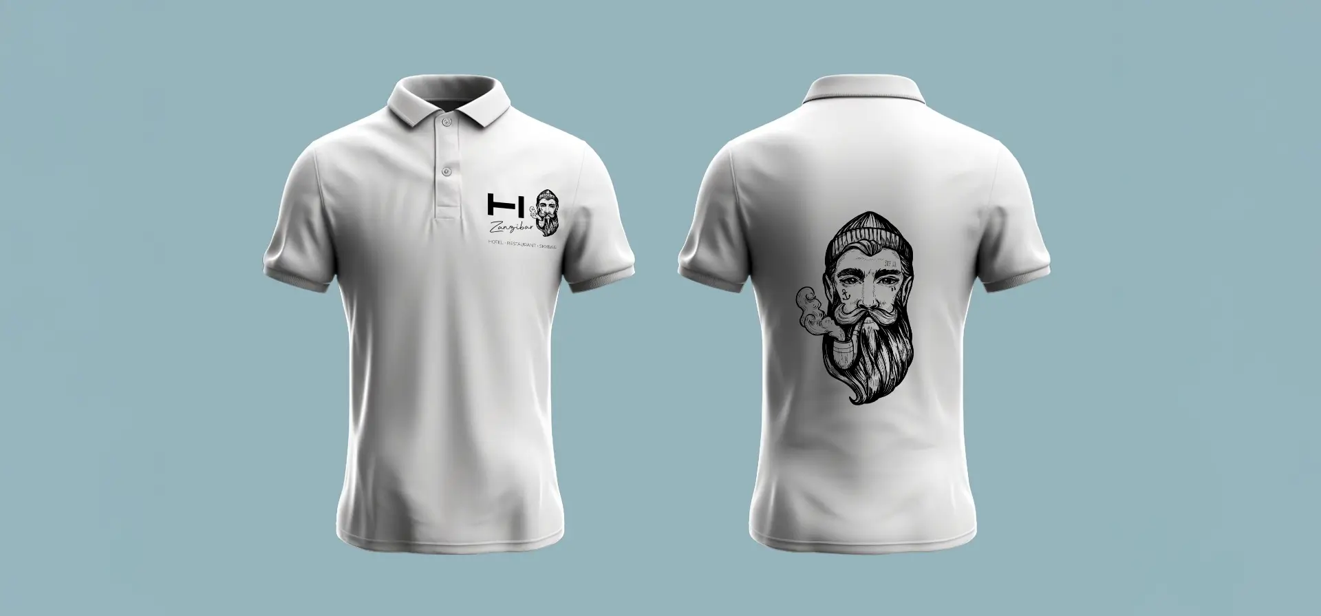 Ein elegantes Poloshirt des "Zanzibar" Hotels, Restaurants und Skybars. Das Shirt ist in einer schlichten, modernen Farbe gehalten und trägt das stilisierte "Zanzibar"-Logo auf der Brust, was es zu einem praktischen und zugleich schicken Kleidungsstück für das Personal macht.