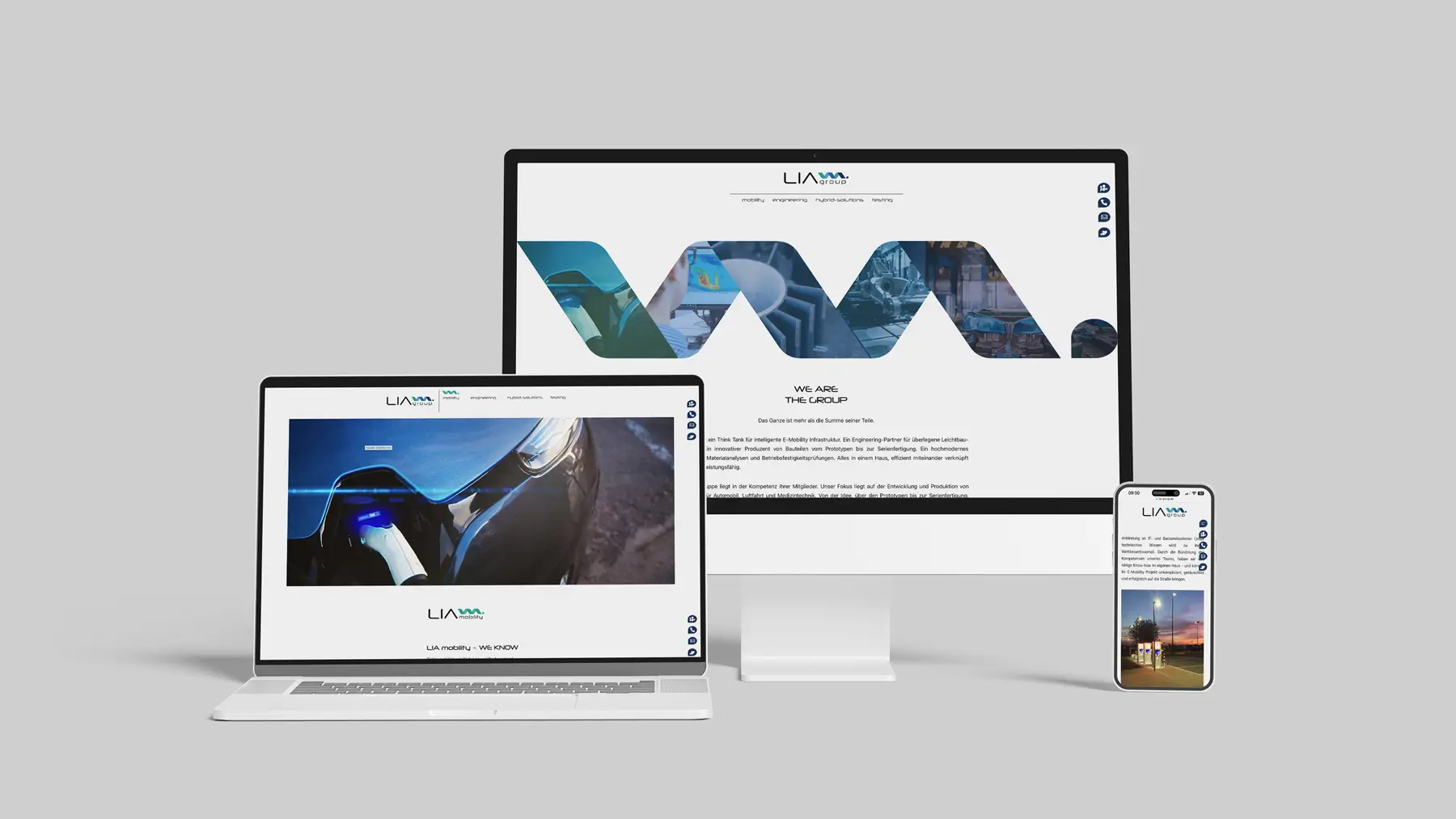 Webseite der LIA Group mit den Unternehmensbereichen LIA Mobility, Engineering, Testing und LS Hybrid-Solutions.