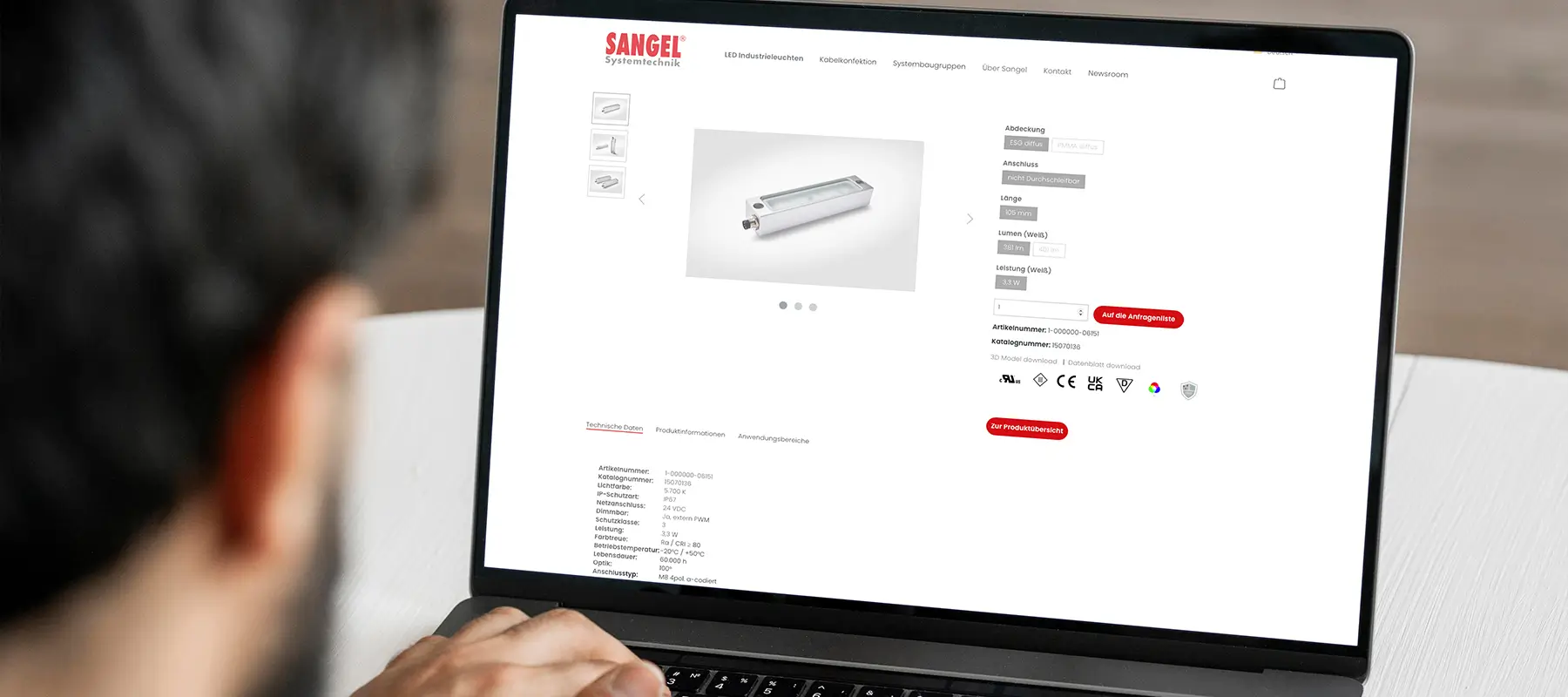 Eine Person arbeitet an einem Laptop, auf dessen Bildschirm der Webshop der Firma Sanger Systemtechnik geöffnet ist. Der Shop wurde von der trenti und Jung Werbeagentur gestaltet und programmiert.