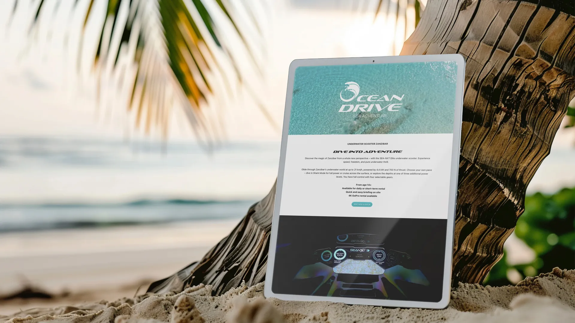 Screenshot der modernen und maritimen Webseite von Oceandrive, die mit klarem Design und einladenden Bildern überzeugt.