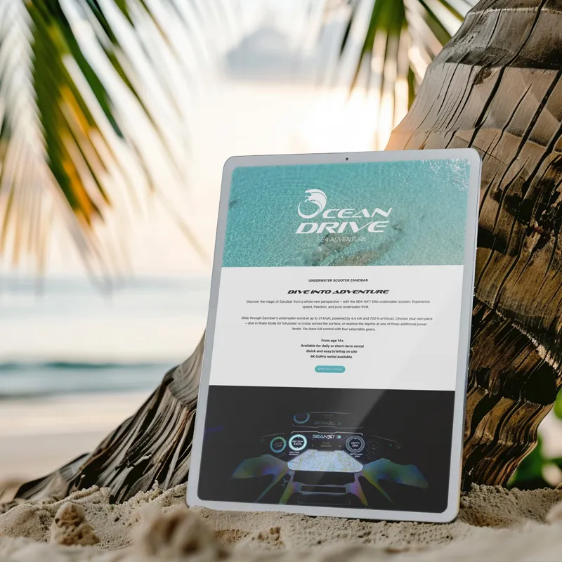 Mobile Ansicht der Oceandrive-Webseite auf einem Smartphone, mit klarem, responsivem Design und intuitiver Navigation.