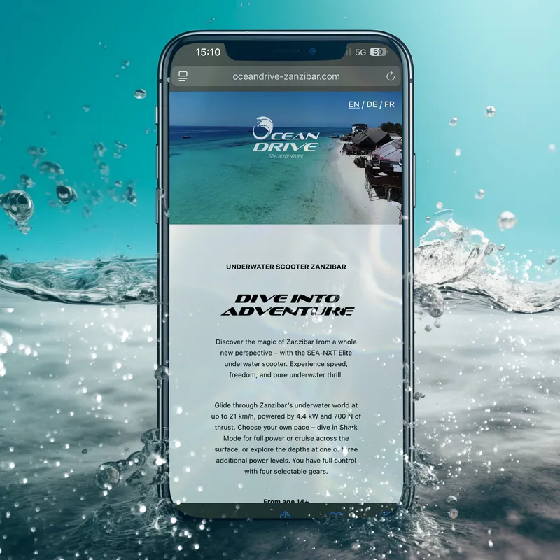 Mobile Ansicht der Oceandrive-Webseite auf einem Smartphone, mit klarem, responsivem Design und intuitiver Navigation.